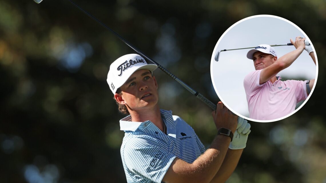Jackson Koivun hits a tee shot at the Procore Championship, inset of Justin Thomas