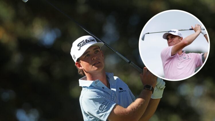 Jackson Koivun hits a tee shot at the Procore Championship, inset of Justin Thomas