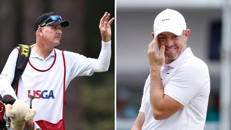 Joe LaCava on the second green during the final round of the U.S. Open at Pinehurst / Rory McIlroy reacts to missing a putt during the final round ...