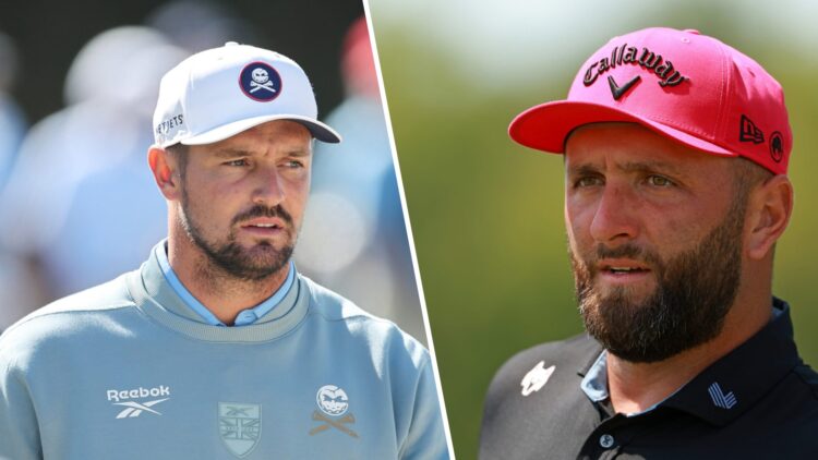 A split image of Jon Rahm and Bryson DeChambeau playing on the LIV Golf tour in 2025