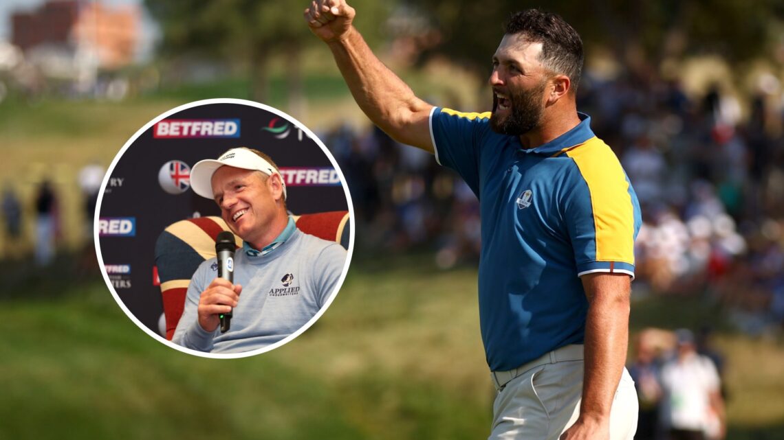 Jon Rahm celebrates on the final green at the 2023 Ryder Cup, inset of Luke Donald