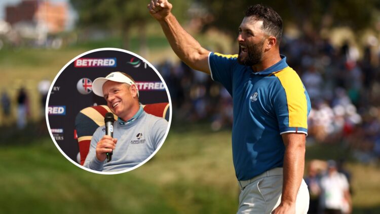 Jon Rahm celebrates on the final green at the 2023 Ryder Cup, inset of Luke Donald