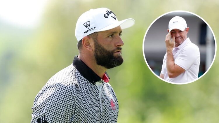 John Rahm Of Legion XIII in action on day one of LIV Golf UK / Rory McIlroy reacts to missing a putt during the final round of the Tour Championship