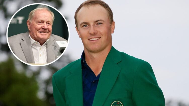 An image of Jordan Spieth wearing his green jacket in 2015 with overlay of Jack Nicklaus