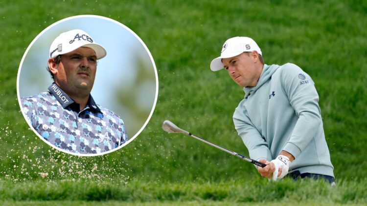 Jordan Spieth splashes out of a bunker during the second round of the Memorial Tournament / Patrick Reed in action during the third round of the 20...