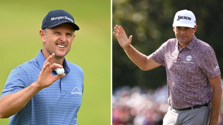 Justin Rose celebrates on the 11th green during Day One of The Open Championship / Keegan Bradley reacts on the 18th green during the final round o...