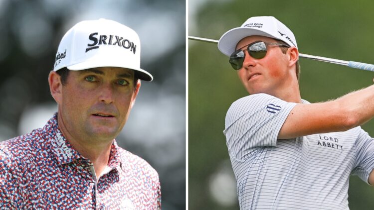 Keegan Bradley walks off the seventh tee during the final round of the TOUR Championship 2025 at East Lake / Ben Griffin hits an approach shot duri...