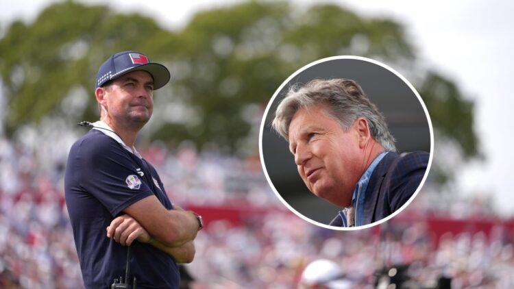 Keegan Bradley during the 2025 Ryder Cup, inset of Brandel Chamblee