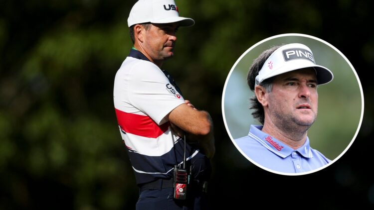 Keegan Bradley in practice ahead of the Ryder Cup, inset of Bubba Watson