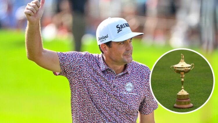 Keegan Bradley at the Tour Championship, inset of the Ryder Cup trophy