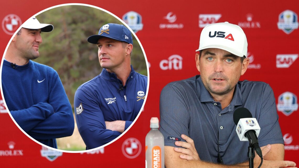 Keegan Bradley (right) speaks to the media at a press conference, and Bryson DeChambeau and Scottie Scheffler look at each other (left)