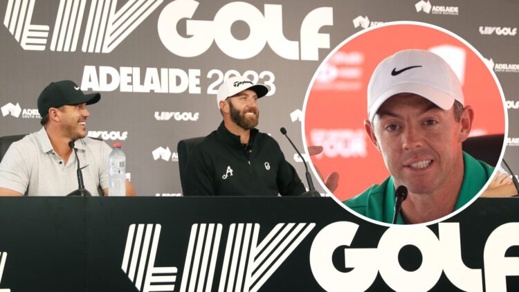 An image of Dustin Johnson and Brooks Koepka at a LIV Golf press conference with overlay of Rory McIlroy