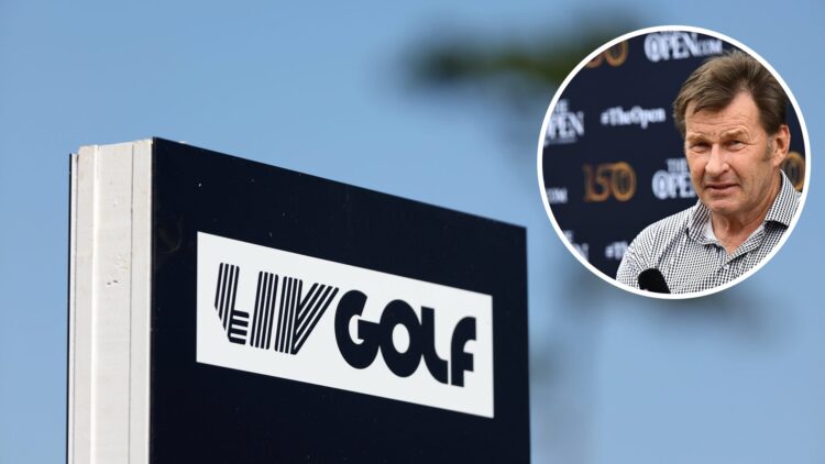 Nick Faldo speaking ahead of the 150th Open in Scotland / LIV Golf signage during the event in Houston in 2024