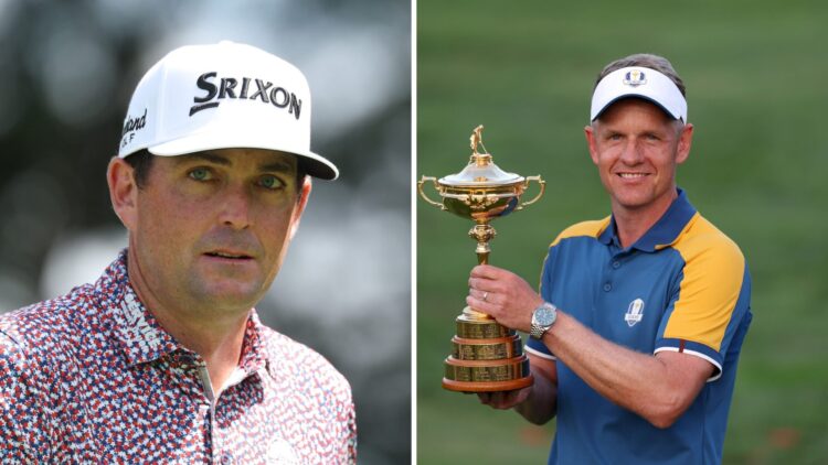 A split image of Keegan Bradley in 2025 and Luke Donald holding the Ryder Cup trophy