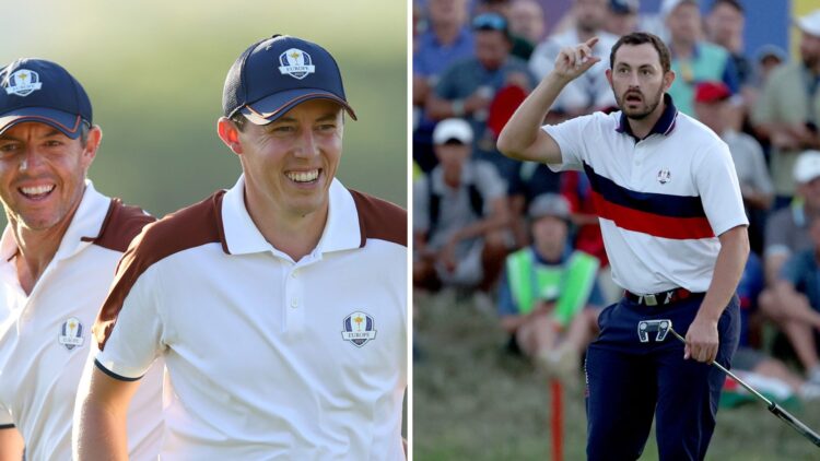 Rory McIlroy and Matthew Fitzpatrick joke during their Saturday afternoon match at the 2023 Ryder Cup / Patrick Cantlay celebrates at the 2023 Ryde...
