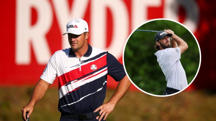 Bryson DeChambeau in practice ahead of the Ryder Cup, inset of Max Homa