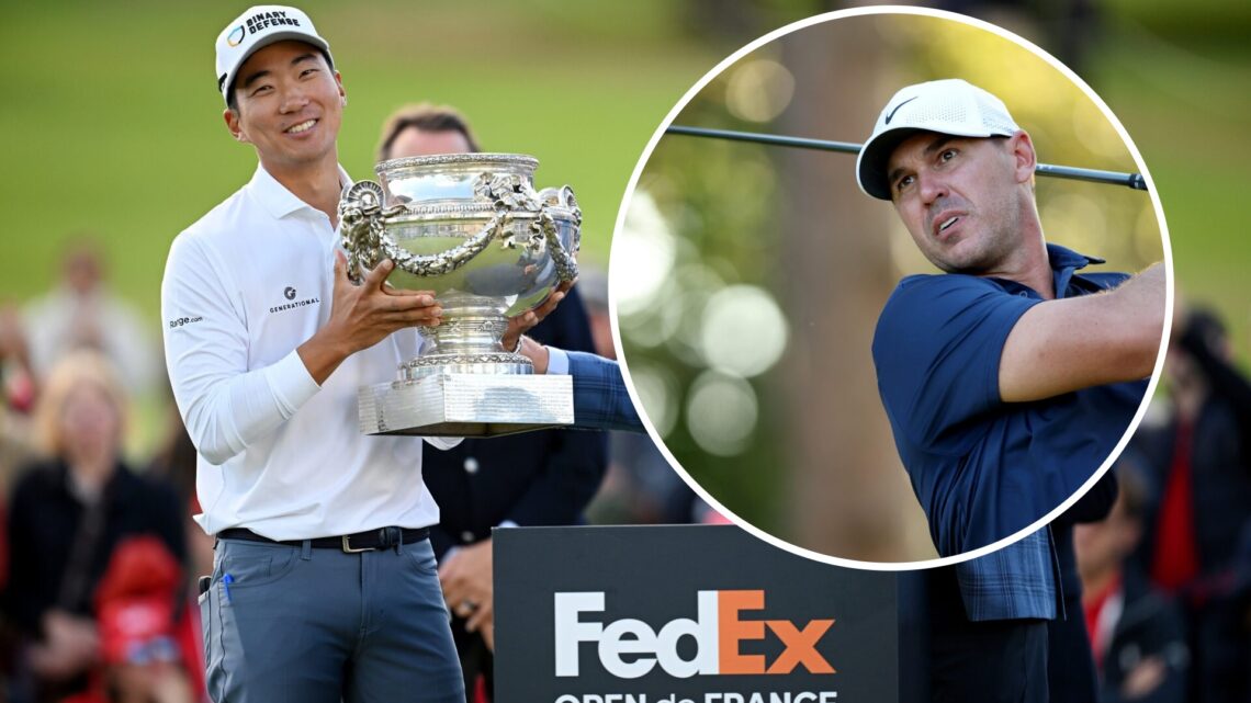 An image of Michael Kim holding the French Open trophy and overlay of Brooks Koepka hitting a tee shot