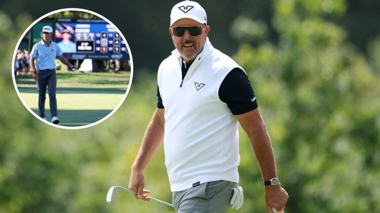 An image of Phil Mickelson playing golf in 2025 with an overlay of Jackson Koivun at the Procore Championship