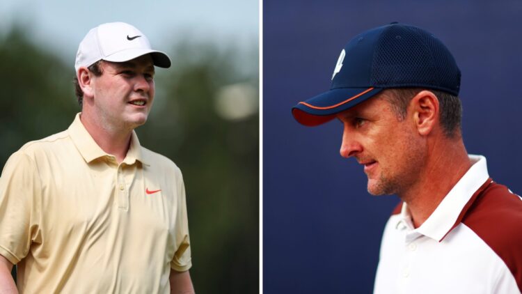 Robert MacIntyre of Scotland looks on from the 7th green during the third round of the BMW Championship at Caves Valley / Justin Rose walks off the...