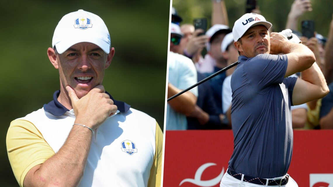 Rory McIlroy (left) looks on and Bryson DeChambeau (right) hits a tee shot during practice rounds prior to the 2025 Ryder Cup.