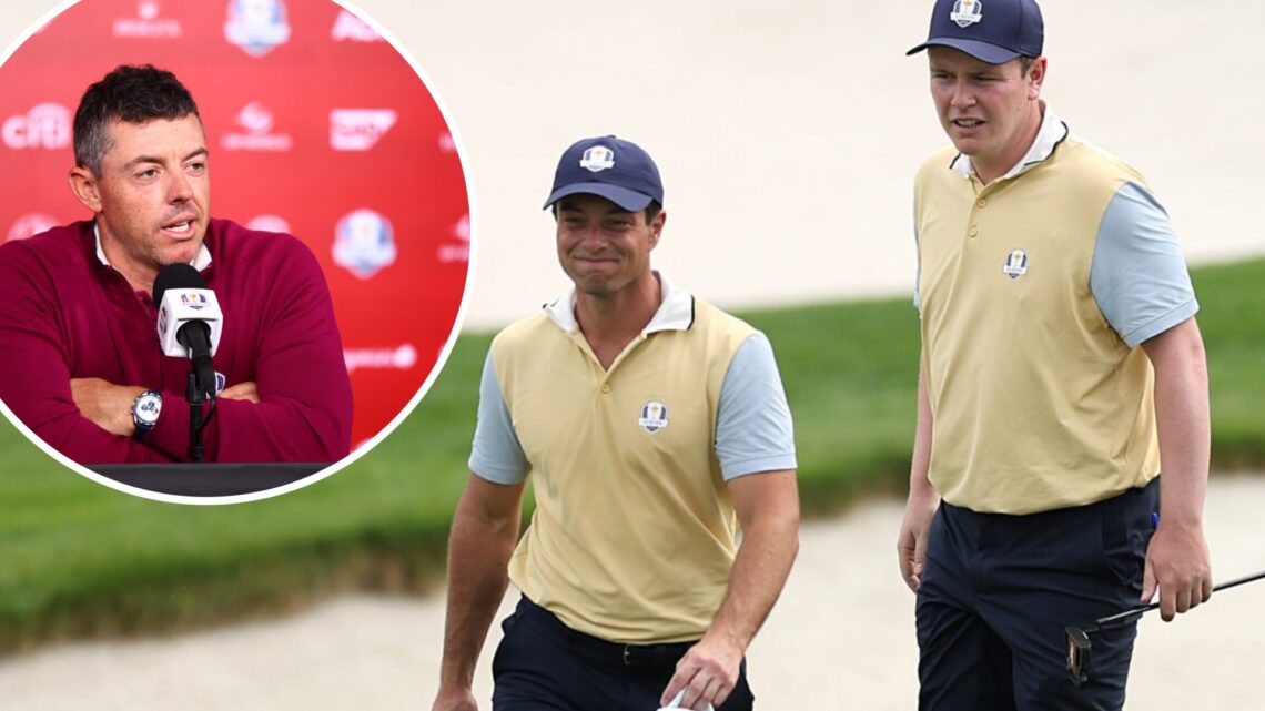 Rory McIlroy in a press conference before the 2025 Ryder Cup (left), and Robert McIntyre and Viktor Hovland in a practice round before the 2025 Ryd...