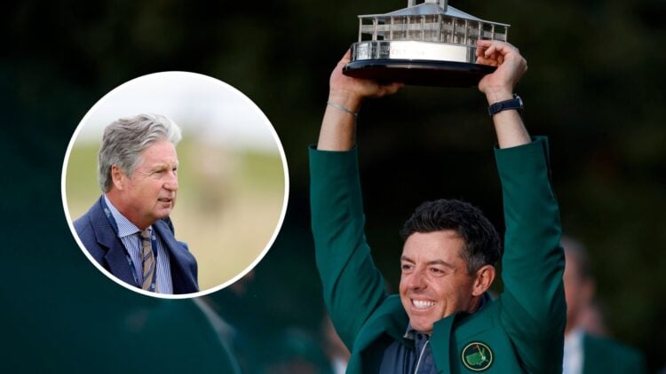 Rory McIlroy lifts The Masters trophy, inset of Brandel Chamblee