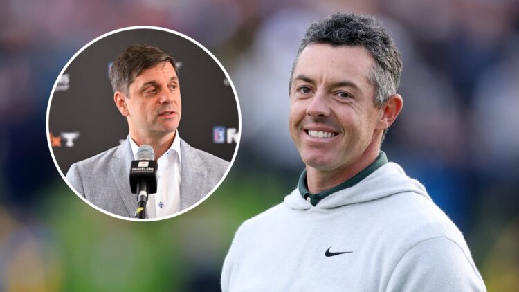 Rory McIlroy celebrates winning the 2025 Irish Open, inset Brian Rolapp speaks to the media in 2025