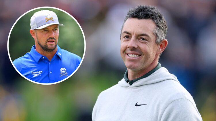 Rory McIlroy celebrates victory at the Irish Open following the third playoff hole on the 18th green at The K Club / Bryson DeChambeau looks on aft...