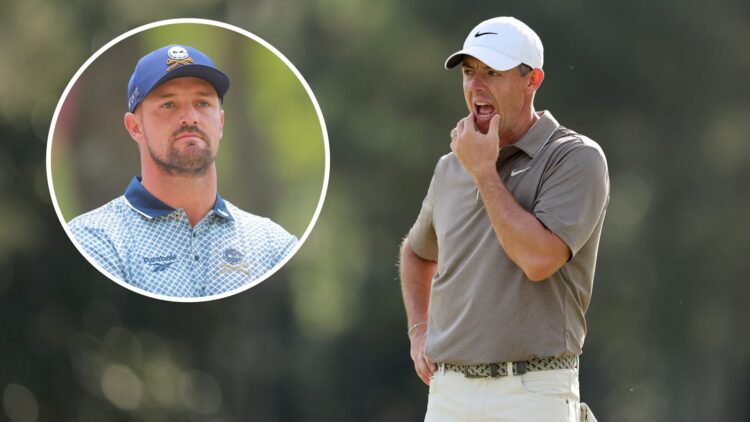 Rory McIlroy in action during the first round of the 2025 Masters / Bryson DeChambeau in action during LIV Golf Mexico