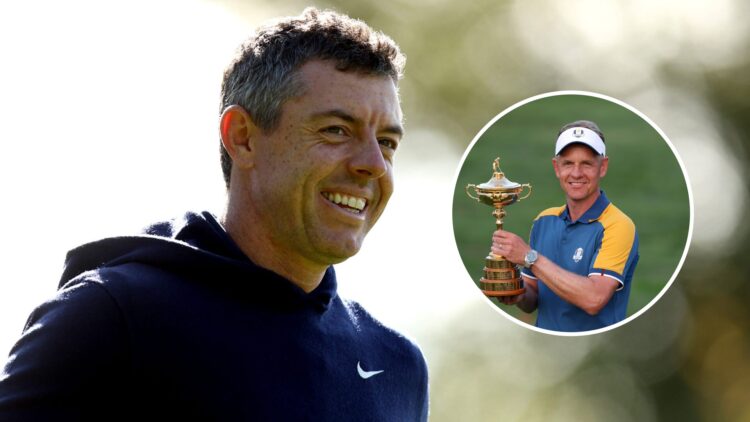 Rory McIlroy smiles ahead of the 2025 Irish Open, inset Luke Donald holds the Ryder Cup trophy in 2023