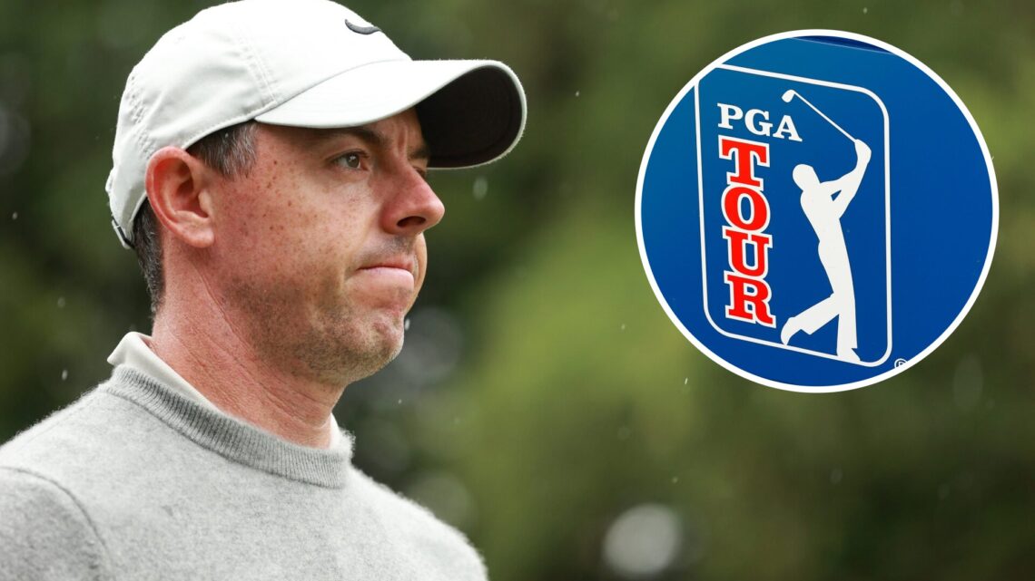 Rory McIlory looks on after an errant tee shot at the RBC Canadian Open / General view of PGA Tour logo