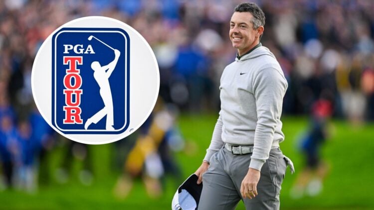 Rory McIlroy celebrates after winning a play-off at the Amgen Irish Open at The K Club / PGA TOUR logo is seen during the second round of FedEx St....