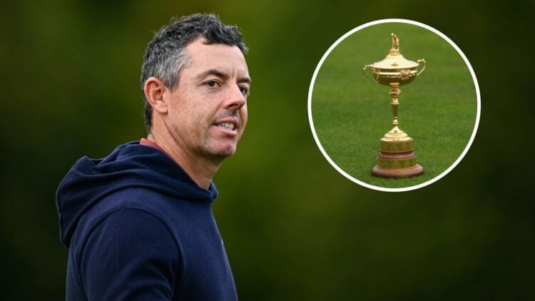Rory McIlroy reacts after finishing his round on the 18th green during day two of the Amgen Irish Open / The Ryder Cup trophy pictured at Celtic Ma...