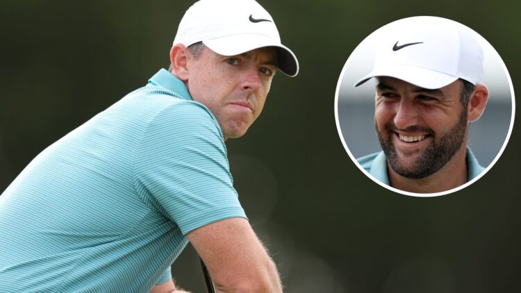 Rory McIlroy looks on to line up a putt in round two of the Scottish Open / Scottie Scheffler celebrates after winning the BMW Championship