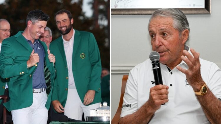 Gary Player speaks during the PGA TOUR Champions Insperity Invitational / Rory McIlroy alongside Scottie Scheffler during the green jacket ceremony...