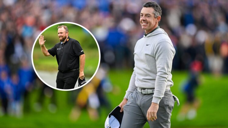 Rory McIlroy smiles after winning the 2025 Irish Open, inset Shane Lowry waves to the crowd at the 2025 Irish Open