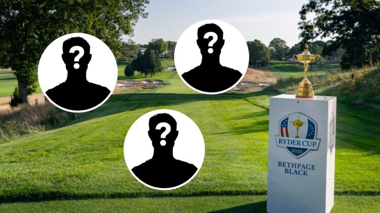 The Ryder Cup trophy sits at Bethpage Black, insets three mystery players