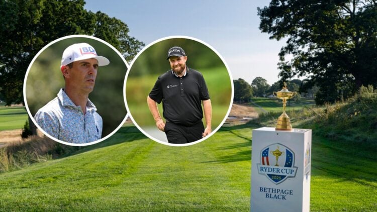 Ryder Cup trophy image with insets of Billy Horschel and Shane Lowry