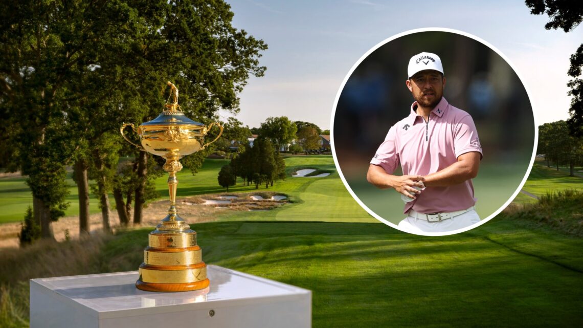 Xander Schauffele in action during the second round of the RBC Heritage in 2025 / The Ryder Cup trophy is seen at the Bethpage Black Course ahead o...