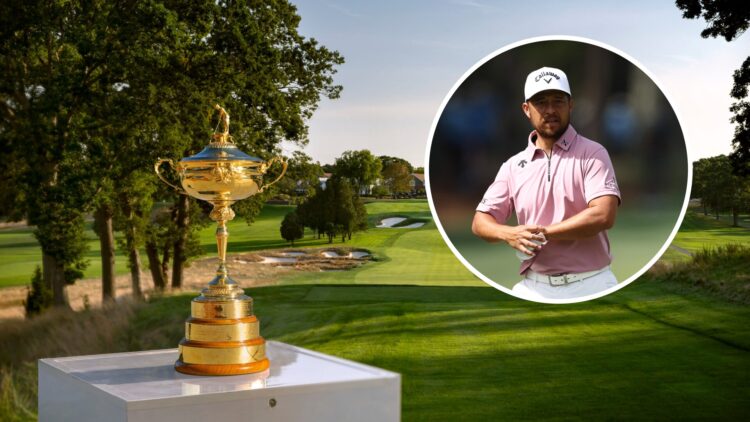 Xander Schauffele in action during the second round of the RBC Heritage in 2025 / The Ryder Cup trophy is seen at the Bethpage Black Course ahead o...