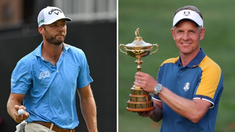 Sam Burns (USA) on the ninth green during the third round of the PGA Tour Championship / Luke Donald celebrates the European team's victory at 2023...