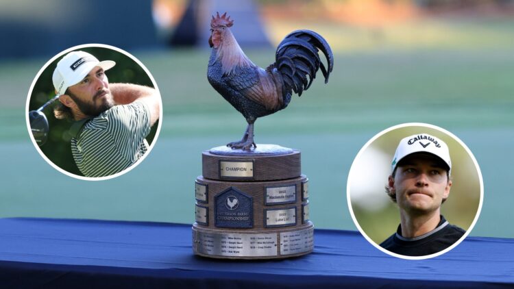 Sanderson Farms Championship trophy. Inset, Max Homa and Rasmus Hojgaard.