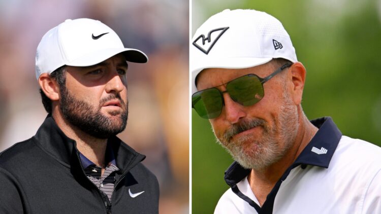 A split image of Scottie Scheffler in 2025 and Phil Mickelson at LIV Golf Virginia in 2025