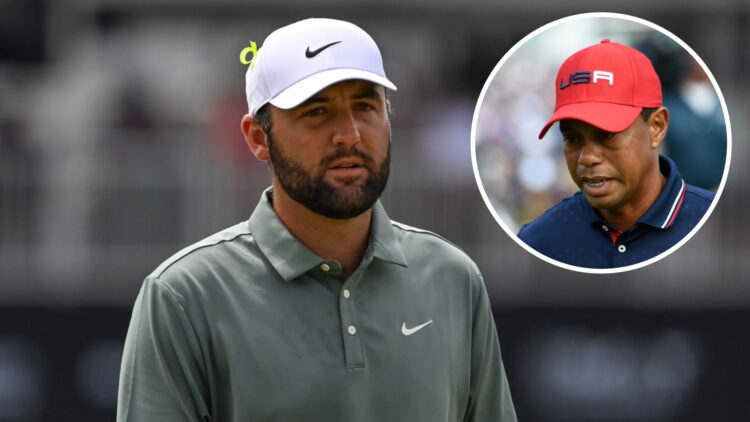 Scottie Scheffler looks on from the green at the 2025 Tour Championship (left), and Tiger Woods of Team USA looks on at the 2018 Ryder Cup