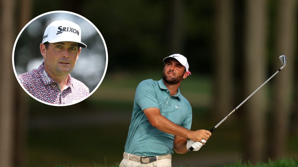 Scottie Scheffler watches his approach during the final round at the BMW Championship at Caves Valley / Keegan Bradley walks off the seventh tee du...