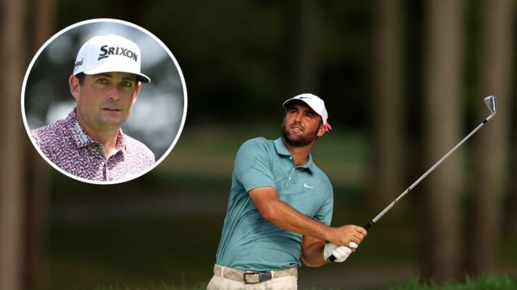 Scottie Scheffler watches his approach during the final round at the BMW Championship at Caves Valley / Keegan Bradley walks off the seventh tee du...