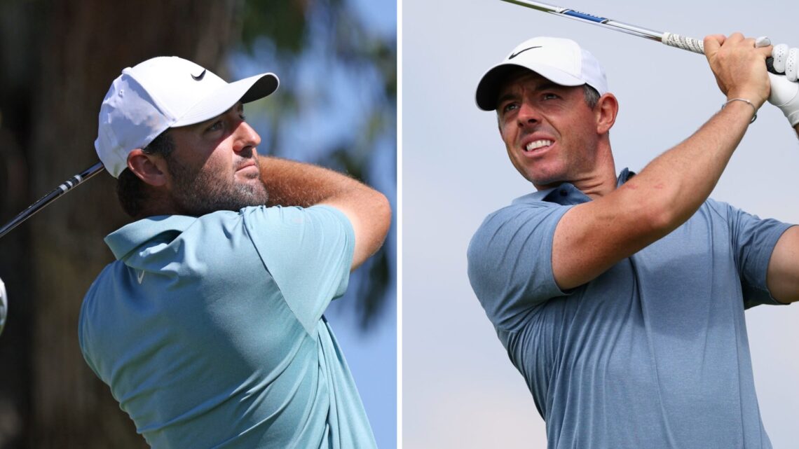 Scottie Scheffler plays his shot from the ninth tee during the third round of the Procore Championship / Rory McIlroy hits a tee shot during the fi...