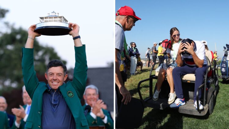 Split image of Rory McIlroy lifting The Masters trophy and Scottie Scheffler reacting to defeat at the 2023 Ryder Cup