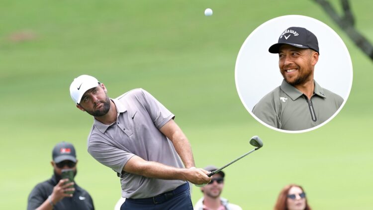 Scottie Scheffler plays a shot on the 11th hole during a practice round prior to the TOUR Championship 2025 at East Lake / Xander Schauffele during...