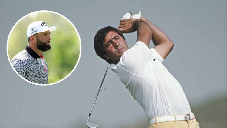 Seve Ballesteros hits an iron shot during the 1983 Open Championship / Jon Rahm Of Legion XIII in action on day one of LIV Golf UK